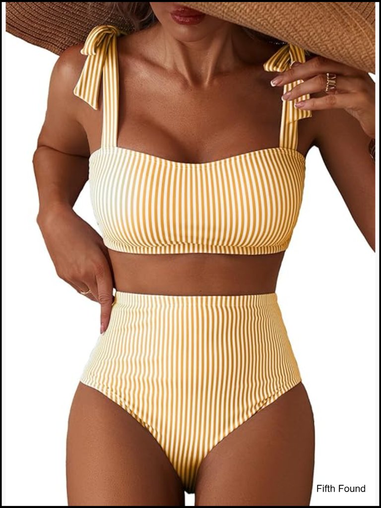 Striped High Waisted Bikini Set Tie Shoulder Top Triangle Bottom Push Up Padded